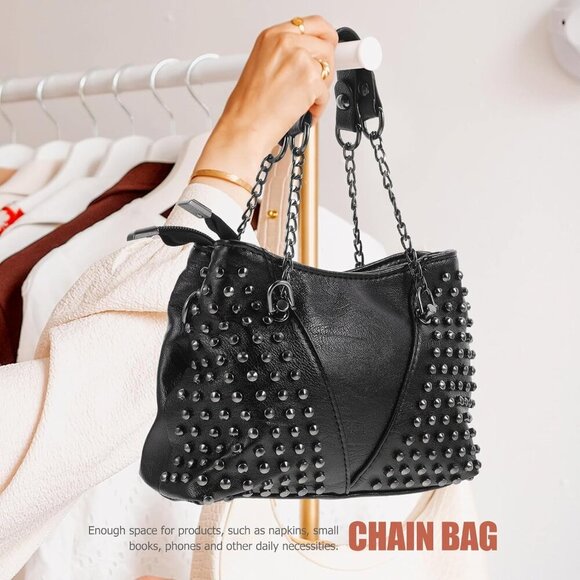 Studded Faux Leather Crossbody Bag Unisex with Chain and Rivets - Picture 7 of 9